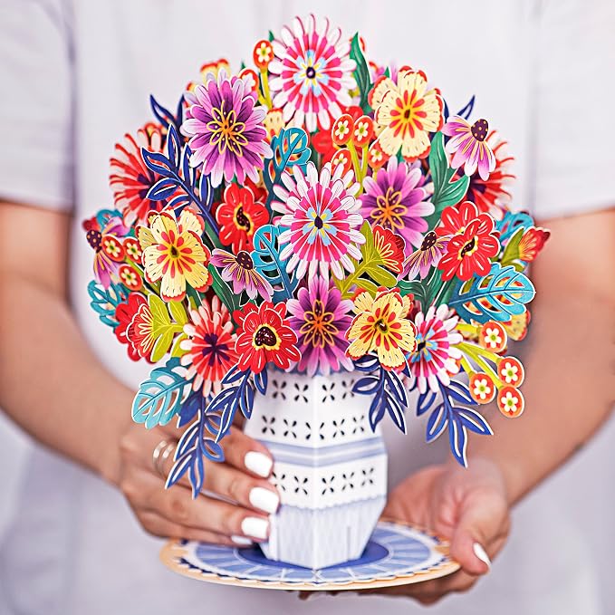 Paper Love HugePop Flower Bouquet Pop Up Cards 2 Pack - Includes 1 Heart Bouquet and 1 Exotica Flower Bouquet, Gift For Mothers Day, Birthday, Valentines Day, All Occasions - Jumbo 10" x 14" Card