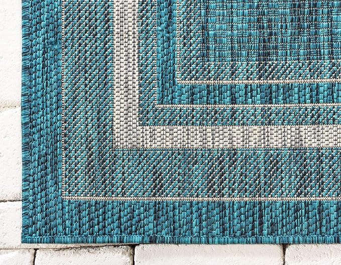 Unique Loom Outdoor Border Collection Area Rug - Soft Border (6' 1" x 9' Rectangle, Teal/ Ivory)