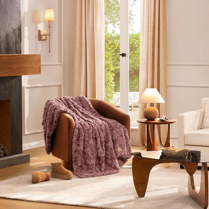 UGG Adalee Throw Blanket, Faux Fur Blanket, 50" x 70", Red Gooseberry | Sculpted Faux Fur, Lightweight, Cozy Warm & Ultra Plush, Hypoallergenic, Bedroom & Living Room Décor, Machine Washable