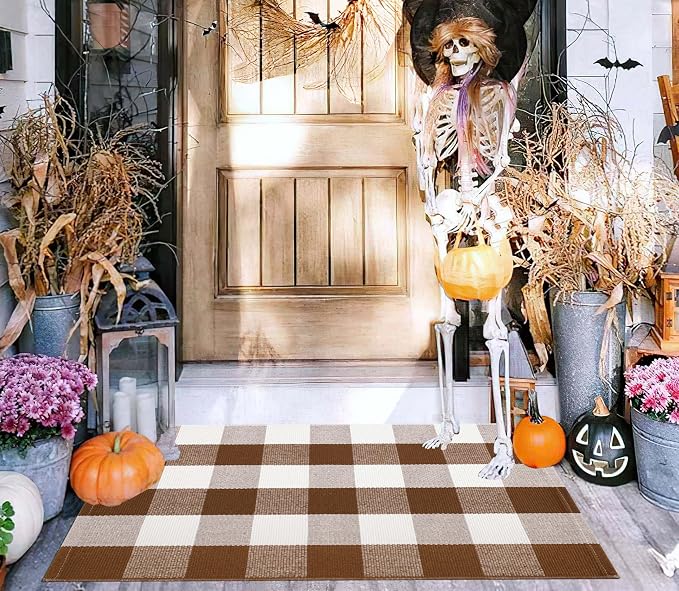 Fall Outdoor Rug 2'x3',Coffee and White Checkered Area Rug Halloween Cotton Washable Layered Doormat for Hello Welcome Front Porch Door Mats Bedroom Living Room