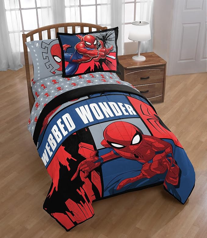 Marvel Spiderman Twin Comforter Set 5 Piece Kids Bedding for Boys, Multi | Bed in a Bag, Comforter Sheets Sham Pillowcase, Official Product, Soft Microfiber, Machine Washable, Easy Care, Boys Gift