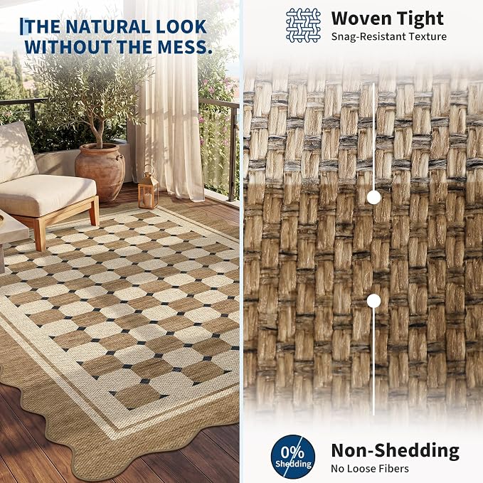 Garvee Easy Jute Rug Scalloped 5x7 Rugs for Living Room, Checkered Washable Non Slip Outdoor Patio Carpet, Farmhouse Indoor Area Rug Neutral Non Slip Carpet for Backyard Dining Room Deck 5'x7'
