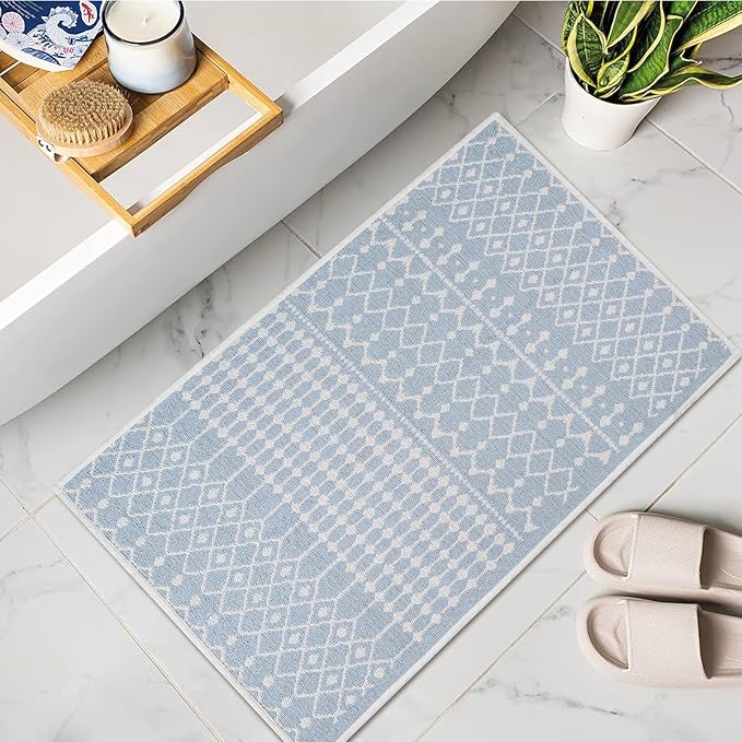 THE BEER VALLEY Moroccan Kitchen Runner Rug 27x45 Inch - Spa Blue | Non Slip Cotton Woven Rugs for Laundry Room, Washable Boho Outdoor Area Runners
