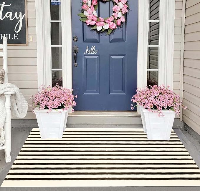 Washable Proch Rug 2.3'X3.6',Beige and Black Entryway Rug Cotton Woven Bathroom Rugs Front Porch Decor for Bedroom/Home Entrance/Front Porch