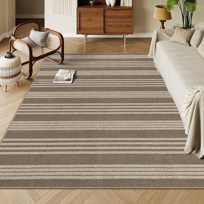Lahome Striped Easy Jute Dining Room Rug, 8x10 Outdoor Patio Rugs Washable | Patio Living Room Area Rug, Modern Farmhouse Large Non Slip Non Shedding Carpet for Deck Sunroom Mudroom Backyard, Khaki
