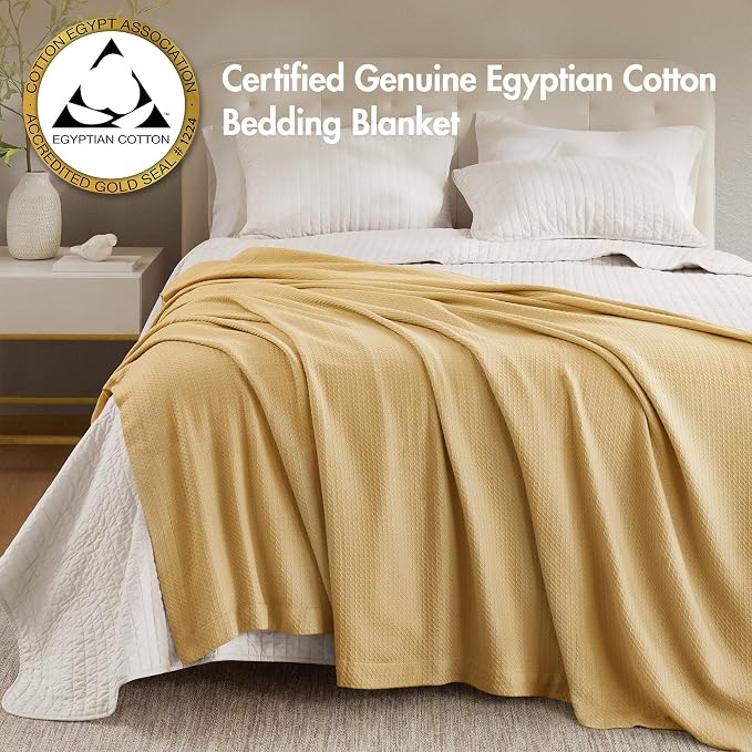 Madison Park 100% Egyptian Cotton King Size Bed Blanket for Summer Mustard | Cozy Soft Breathable Durable, Waffle Weave Woven Casual, Lightweight Knit All Season Throw for Bed Couch or Sofa, OEKO TEX