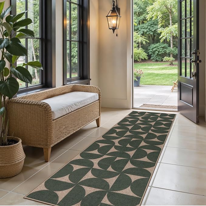 Lahome Semi Circle Easy Jute Kitchen Runner Rug, Green 2x8 Washable Runner | Non Slip Lightweight Stain Resistant Indoor Outdoor Long Carpet for Entryway Hallway Laundry