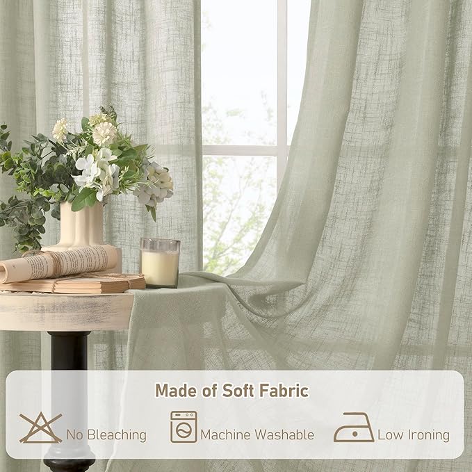 LAMIT Sage Grey 72 inch Linen Curtains for Living Room 2 Panels, Linen Textured Light Filtering Semi Sheer Back Tab and Rod Pocket Farmhouse Curtain Panels for Bedroom/Farmhouse, 52 x 72 Inch