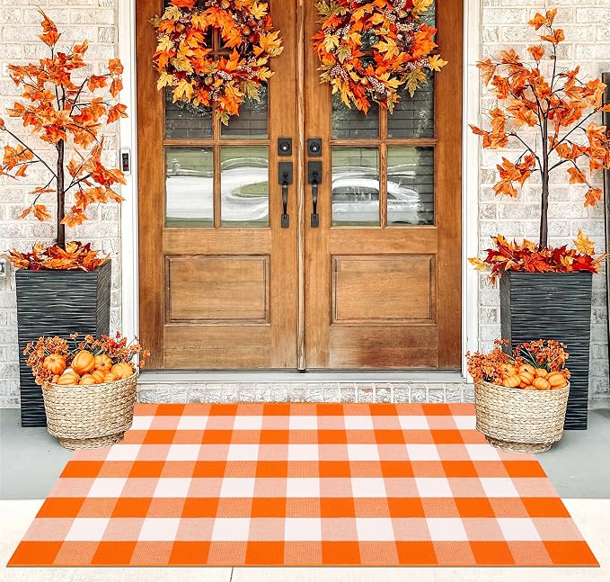 Orange and White Outdoor Rug 3'x5',Farmhouse Checkered Front Porch Rug Woven Washable Front Door Mat Outdoor for Halloween Mat,Bedroom,Entryway,Patio