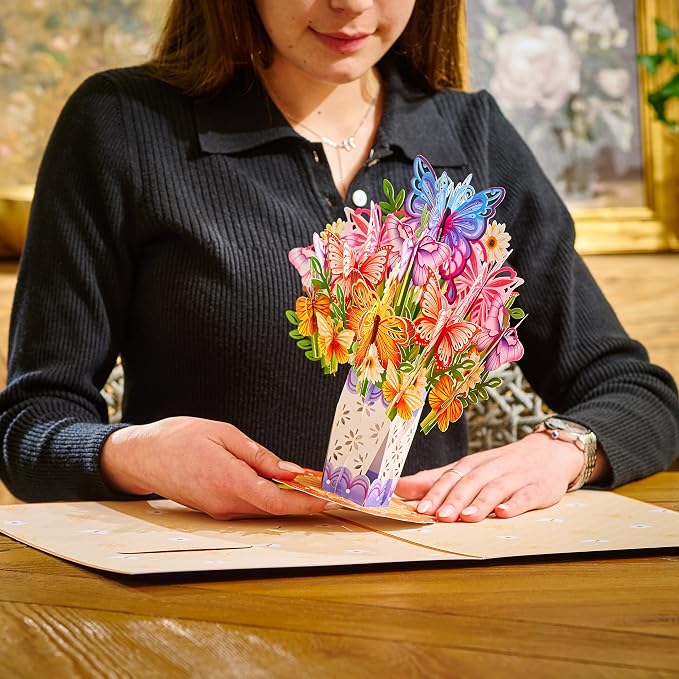 Paper Love HugePop Flower Bouquet Pop Up Cards 2 Pack - Includes 1 Butterfly Bouquet and 1 Tulip Bouquet, Gift For Mothers Day, Birthday, Valentines Day, All Occasions - Jumbo 10" x 14" Card