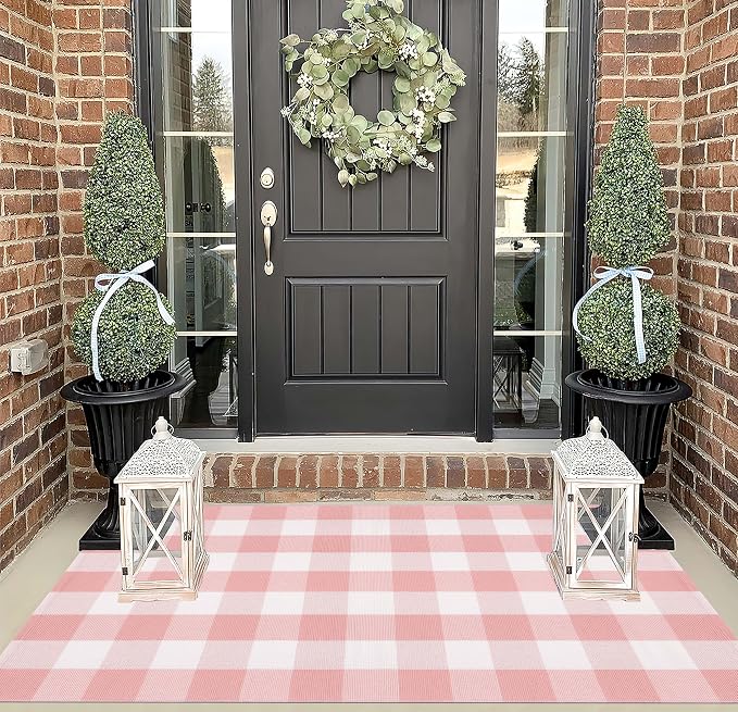 Pink and White Buffalo Plaid Rug 3'x5'Checkered Outdoor Rug Farmhouse Front Porch Rug Machine Washable Front Door Mat Outdoor for Hello Welcome Mat,Bedroom,Entryway,Patio