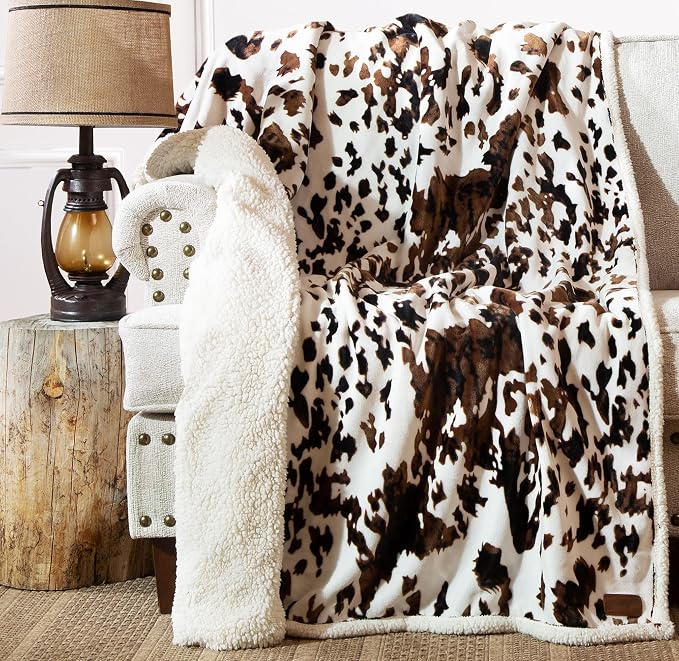 Carstens, Inc. Wrangler Ultra Premium Super Soft Plush Sherpa Fleece Oversized Throw Blanket 54" x 68", Tri-Color Cowhide
