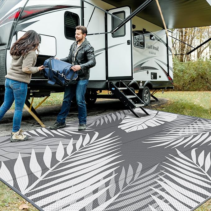 GENIMO Outdoor Rug, Waterproof Plastic Rugs for Patio, 10'x10' Grey White | Outside Larger Leaf Carpet Mat for Porch Decor, Deck, Camping, RV, Backyard, Balcony, Picnic, Beach, Reversible, Foldable