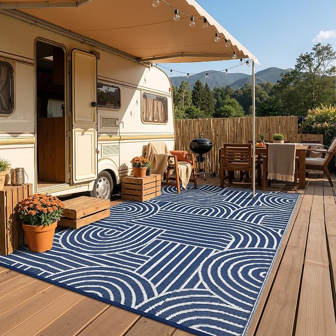 Garvee Reversible Rainbow Outdoor Rug 9x12, Waterproof Outdoor Plastic Straw Rug, RV Mat for Picnics, Patio, Camping, Balcony, Deck, Backyard, Porch, Blue