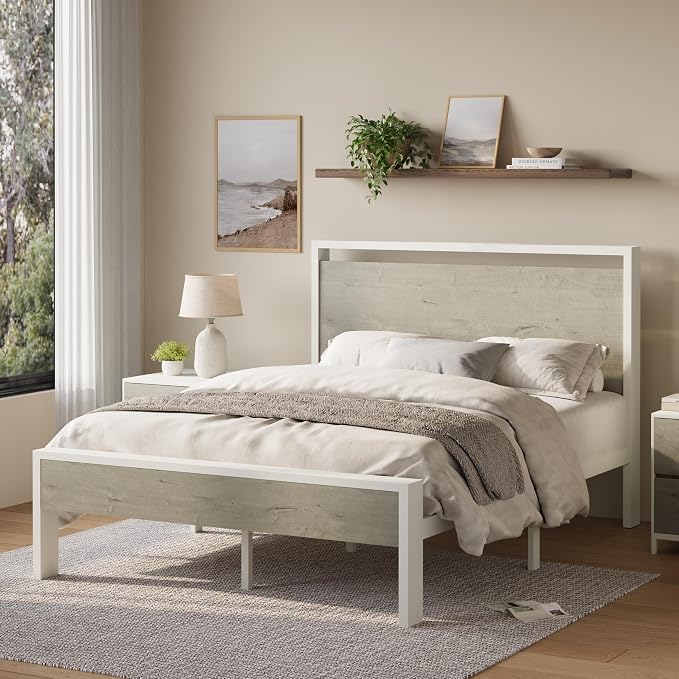 Allewie Full Size Bed Frame, Heavy Duty 12 Metal Slats Support, White | Wooden Headboard and Footboard, Modern Platform Bed, No Box Spring Needed, Under-Bed Storage, Noise Free, Easy Assembly