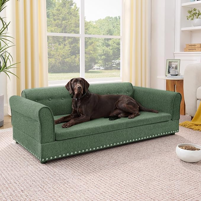 55" Dog Sofa for Medium to Large Dogs, Button Tufted Dog Couch Bed with Backrest and Armrests, Durable Memory Foam Pet Bed, Removable Cushion for Medium and Large Dogs, Green
