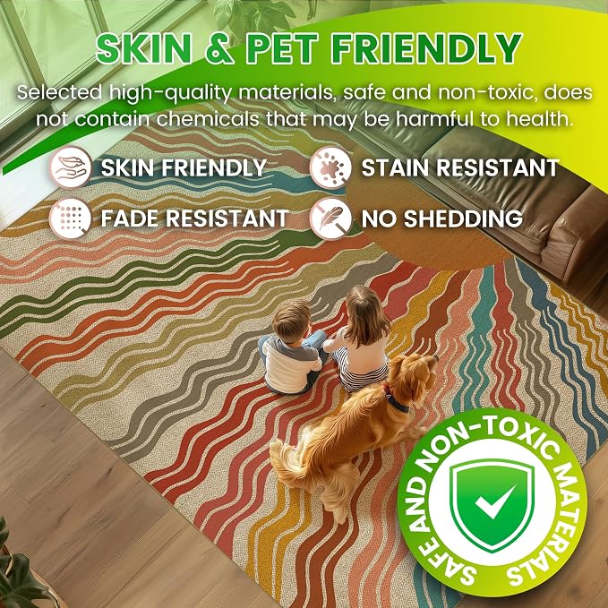 Washable Sun Easy Jute Rug, 10x14 Rainbow Sun Colorful Modern Boho Retro Outdoor Indoor Patio Large Rug, Woven Ultra Thin Non Slip Carpet Mat for Living Room Bedroom Classroom Kids Nursery Play Room
