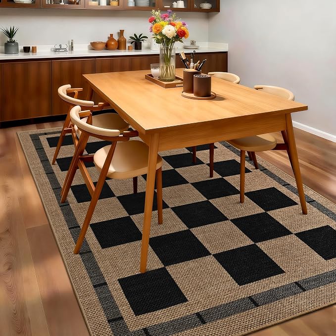 5x7 Checkered Jute Outdoor Rugs, Washable Rug for Living Room Bedroom Patio | Modern Indoor Carpet, Non Slip Farmhouse Design Neutral Geometric Office Porch Balcony Dining Room Mat, Black and Brown
