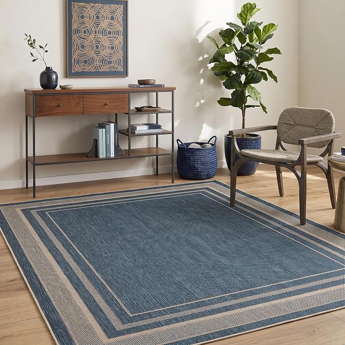 GarveeHome 9x12 Large Area Rug for Living Room Easy Jute Modern Rugs | Non Slip Low Pile Neutral Bordered Solid Tan Dining Room Rugs Washable Carpet for Bedroom Home Office Decor, Blue