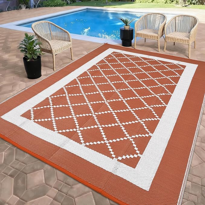 Outdoor Rug 10x14ft Waterproof Reversible Modern Orange & White Plastic Straw Patio Mat Lightweight Easy Clean Fade-Resistant Garden Carpet for Deck Camping RV Beach Porch