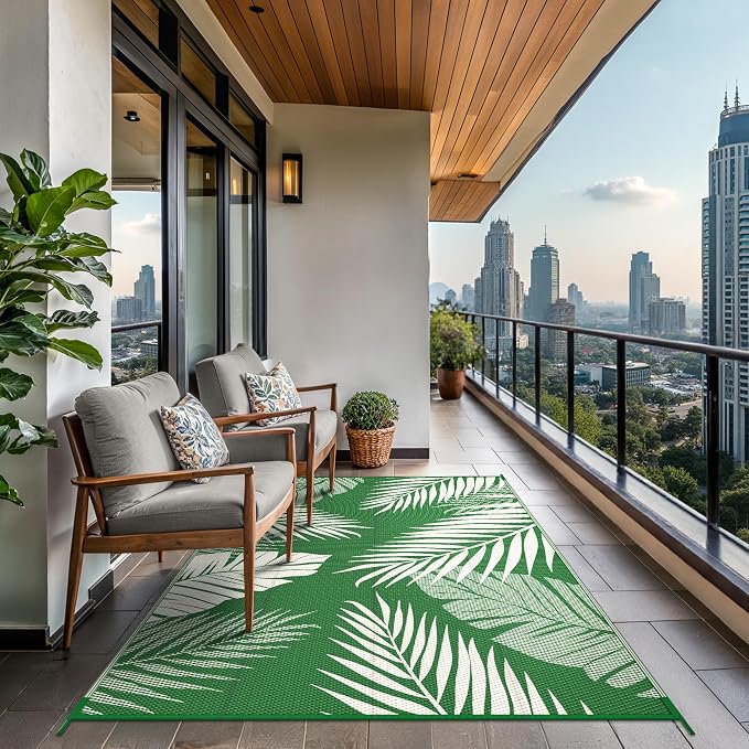 GENIMO Outdoor Rug, Waterproof Plastic Rugs for Patio, 5'x8' Dark Green | Outside Larger Leaf Carpet Mat for Porch Decor, Deck, Balcony, Camping, RV, Backyard, Picnic, Beach, Reversible, Foldable