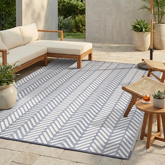 FH Home Outdoor Camping Rug - Waterproof, Fade Resistant, Reversible - Premium Recycled Plastic - Herringbone - Large Patio, Deck, Sunroom, RV - Fresno - Light Blue - 9 x 12 ft Foldable