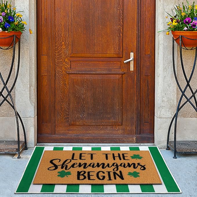 Tinideya 2 Pcs Irish Festival Door Mat Fest Welcome Non Slip Coir Mats Shenanigans Green White Stripe Floor Layering Doormats Seasonal for Front Porch Entryway Decor(Irish Festival)