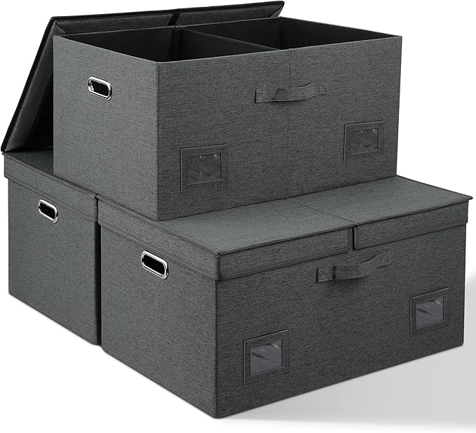 Graciadeco 75 Quarts Extra Large Decorative Storage Bins with Lids, 3 Packs Dark Gray Collapsible Storage Bins with Lids, Stackable Storage Bins Decorative Box Storage With Lid Extra Large | 75 Quarts 3 Pack Dark Gray Collapsible Stackable Linen Fabric...