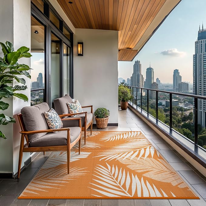 GENIMO Outdoor Rug, Waterproof Plastic Rugs for Patio, 6'x9' Orange White | Outside Larger Leaf Carpet Mat for Porch Decor, Deck, Balcony, Camping, RV, Backyard, Picnic, Beach, Reversible, Foldable
