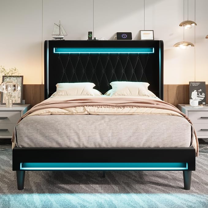 Allewie Queen Size Upholstered Bed Frame with LED & Charging Station, Black | Customizable LED lights, charging station, tufted wingback headboard, noise-reducing support, and no box spring needed.