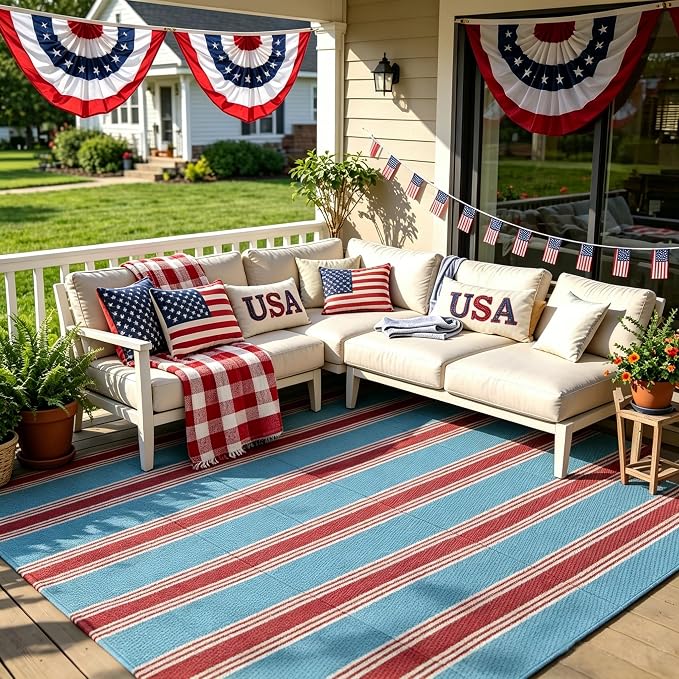Lahome Striped Outdoor Carpet Plastic Straw Rug, Reversible Patriotic Outdoor Rug Waterproof 9x12 Rugs for Patio, RV Camping Picnic Mat for Beach Deck Backyard Balcony(Blue/Red,9'x 12')