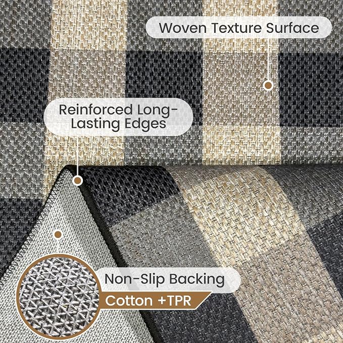Washable Checkered Easy Jute Rug 8x10, Black Plaid Checkerboard Geometric Modern Outdoor Indoor Patio Large Rug, Woven Thin Carpet Mat for Living Dining Play Room Bedroom Classroom Kid Nursery