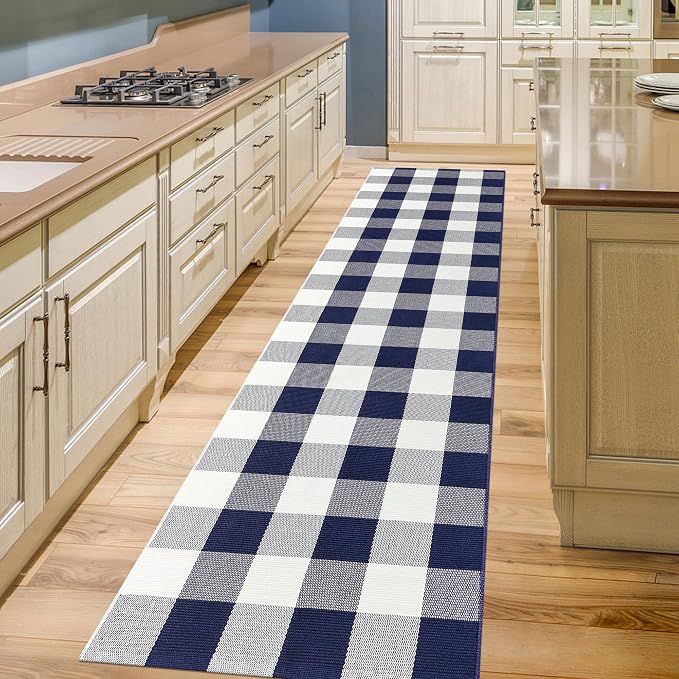 Buffalo Plaid Runner Rug 2x8 Feet Navy and White Checkered Hallway Runner Area Rug Farmhouse Cotton Woven Washable Carpet for Entryway, Kitchen, Laundry, Bedroom, Living Room