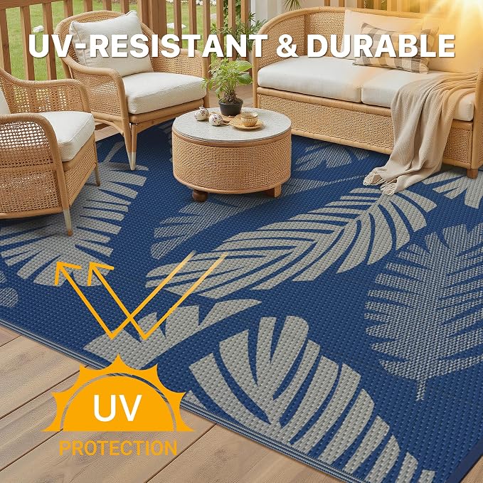 GENIMO Outdoor Rug, Waterproof Plastic Rugs for Patio, 6'x9' Blue Grey | Outside Larger Leaf Carpet Mat for Porch Decor, Deck, Balcony, Camping, RV, Backyard, Picnic, Beach, Reversible, Foldable