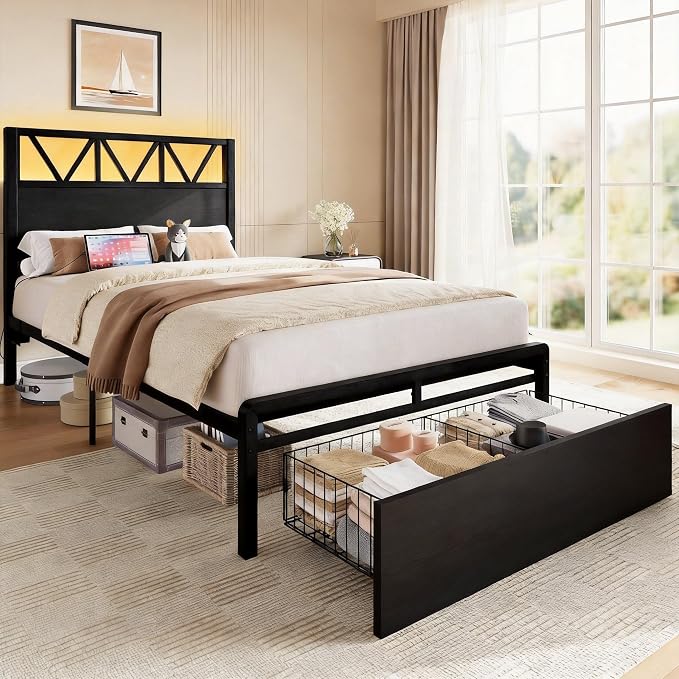 LIKIMIO Twin Bed Frames with Storage Drawer, Lights & Charging Station | Modern Platform Twin Bed Frame with 43" Headboard, Strong Supports, No Box Spring Needed, Easy Assembly, Noise-Free, Black