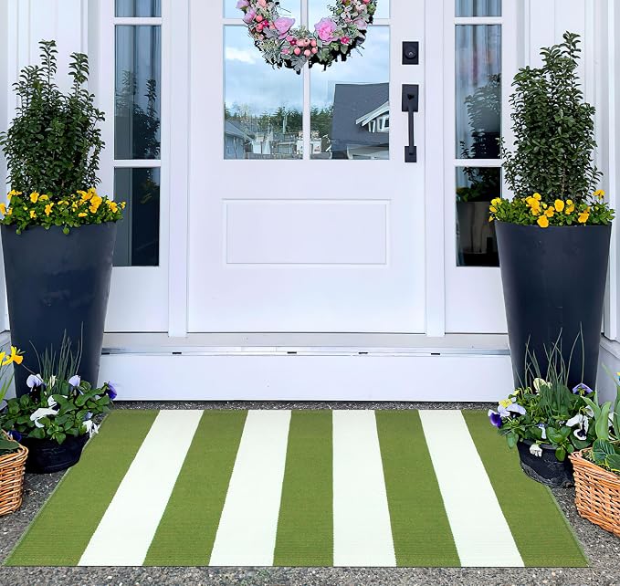 Green and White Layered Door Mats 2x3ft, Striped Outdoor Rug Cotton Woven Washable Farmhouse Small Area Rug for Entryway/Porch Decor/Kitchen/Home Entrance