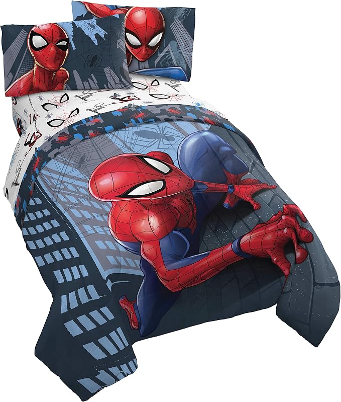 Marvel Spiderman Twin Comforter Set 4 Piece Kids Bedding for Boys, Multi | Bed in a Bag, Comforter Sheets Pillowcase, Official Product, Soft Microfiber, Machine Washable, Easy Care, Boys Gift