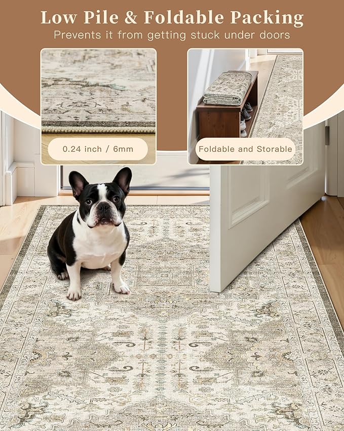 Madane Washable Rug 8x10 Area Rugs for Living Room, Ultra-Thin Non-Slip Backing Rug, Stain Resistant Vintage Large Area Rug for Bedroom (Ivory/Brown, 8'x10')