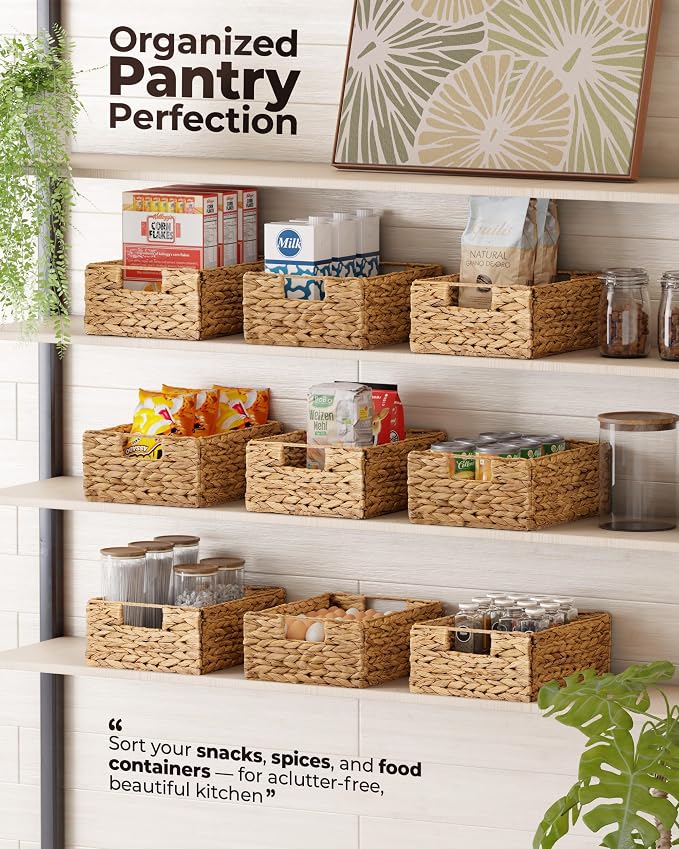 Bluewest Water Hyacinth Storage Baskets, Set of 6, Woven Bins with Handles | Organizer and laundry basket with carrying handles, designed as a rattan bin for shelves, closets and household essentials.