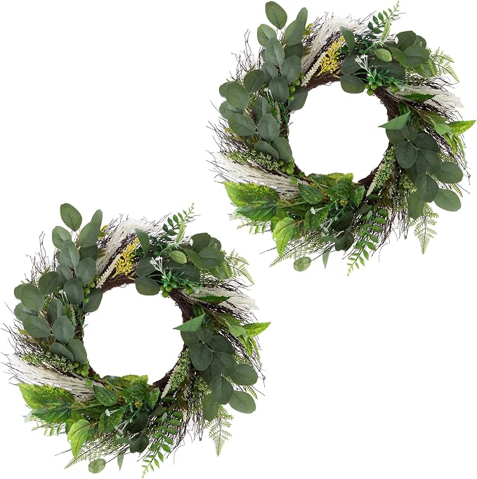 Sweet Anne Eucalyptus Wreath Set - Two 22-Inch Artificial Spring, Summer, or Fall Wreaths for Home Decor - Indoor Decor by Pure Garden