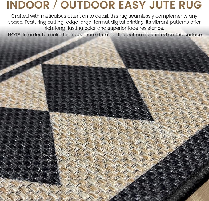 Washable Checkered Easy Jute Runner Rug 2x8, Black Checkerboard Geometric Outdoor Indoor Patio Bordered Rug, Woven Non Slip Thin Neutral Long Runner Carpet for Hallway Kitchen Entryway Porch