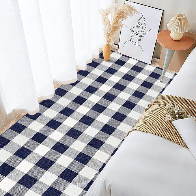 Buffalo Plaid Runner Rug 3x10 Feet Navy and White Checkered Runner Rug Cotton Woven Farmhouse Floor Mat Washable Rugs for Hallway Kitchen Laundry Bedroom Living Room