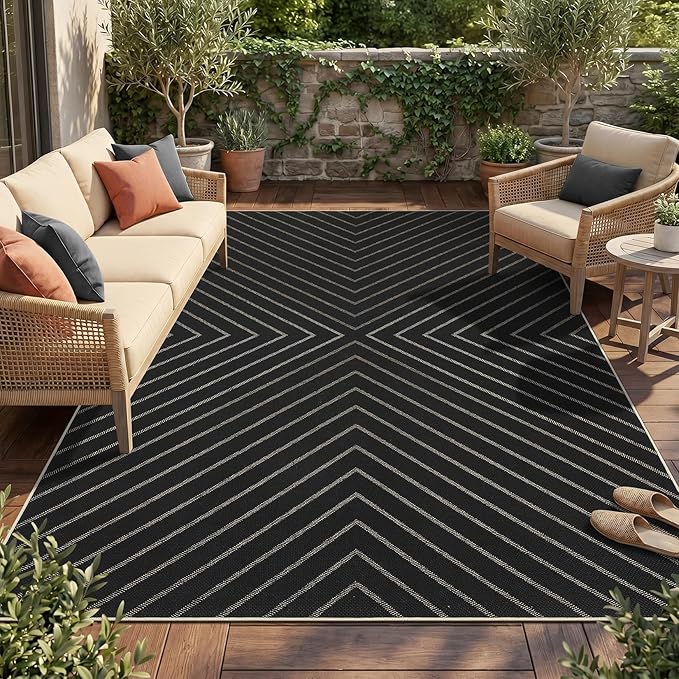 Garvee Easy Jute Rug 4x6 Entryway Rug, Stain Resistant Indoor Outdoor Area Rugs for Patio Low Pile Thin Non Shedding Pet Friendly Carpet for Office Striped Minimalism Area Rug 4'x6' Black