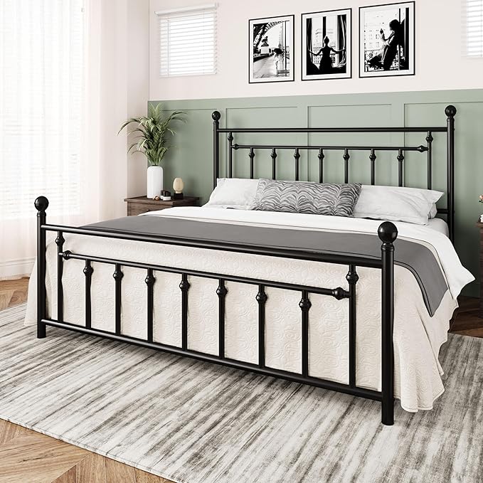 Allewie 14'' King Size Metal Platform Bed Frame, Vintage Headboard, Black | 50'' Tall Victorian Headboard/Footboard/Mattress Foundation/Under Bed Storage/No Box Spring Needed/Easy Assembly/Noise Free