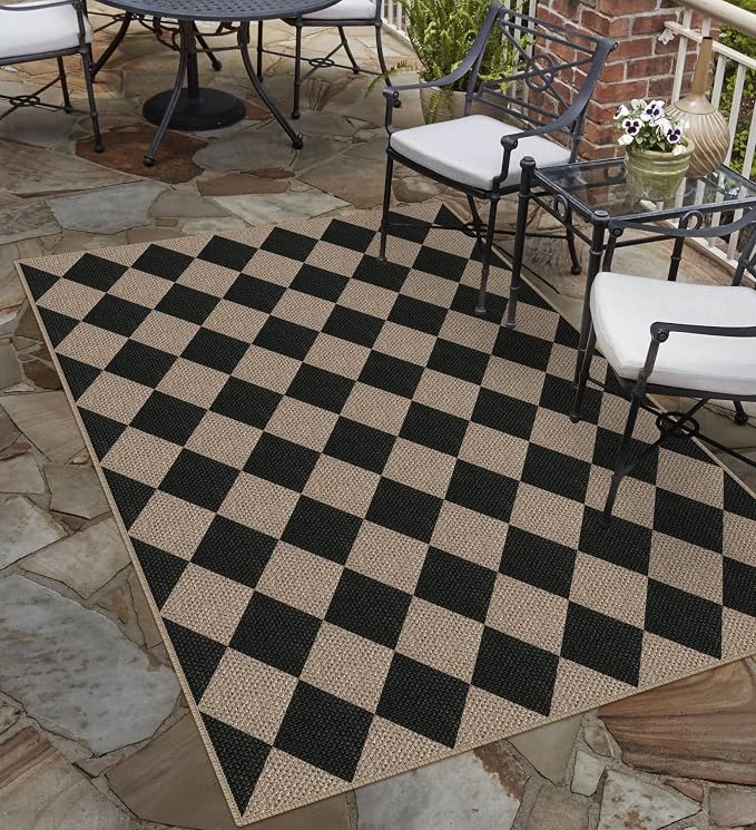 Rugalia Easy Jute Checkered Area Rug, 4x6 Black Modern Washable Rugs for Living Room Non-Slip Low Pile Entryway Mat, Farmhouse Diamond Indoor Outdoor Carpet for Kitchen Backyard Bedroom Office