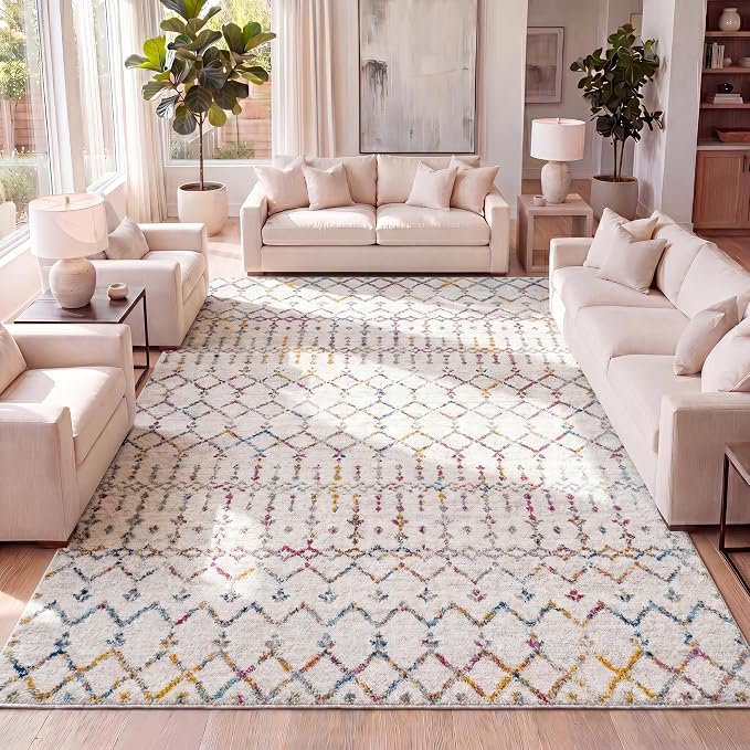 JONATHAN Y Boho Vintage Diamond Ivory/Multi Indoor Area Rug 3X5 ft, Moroccan Hype for Living Room, Bedroom, Kitchen, Office, Easy-Cleaning, High Traffic, Pet-Friendly, Non-Shedding (MOH101E-3)