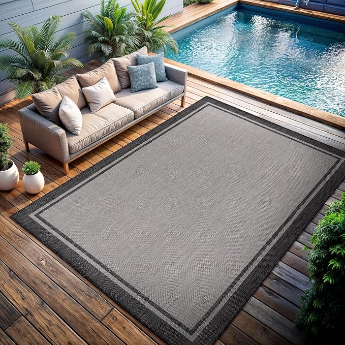 CAMILSON Indoor Outdoor Rug, 9x12 Bordered Gray Modern Area Rugs for Large Indoor and Outdoor Patios, Kitchen and Hallway Mats, Washable Porch Deck Outside Carpet (Bordered Grey, 9 x 12)