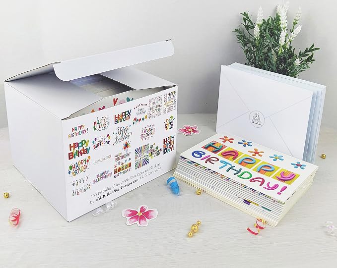 100 Happy Birthday Cards Bulk, Blank Inside with Envelopes and Stickers, – 20 Unique Bright Colorful Designs Notes, Large 5x7 Inches Folded, Thick Cardstock in a Sturdy Packaging