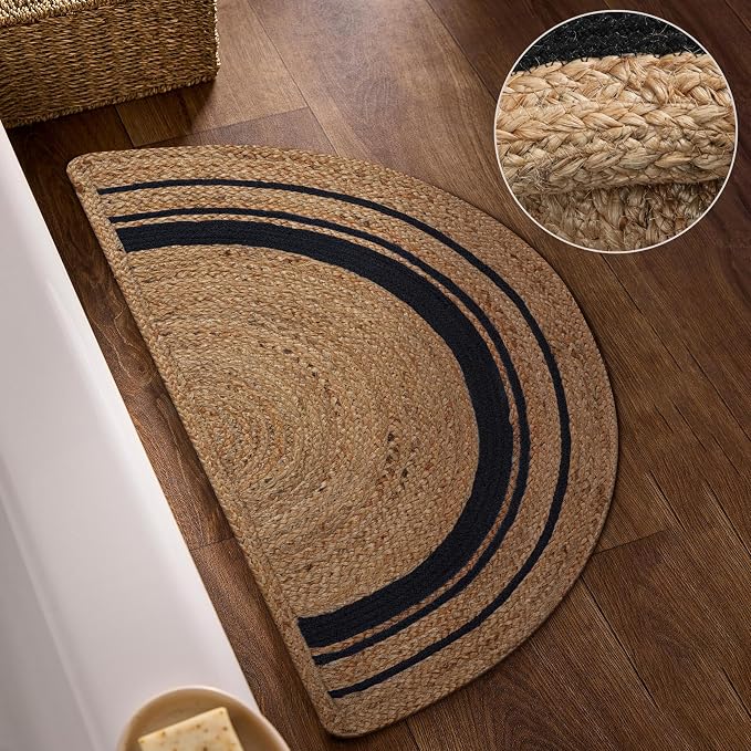 Boho Braided 1.5x3 Area Rug - Jute Natural Fiber Half Round Rug for Living Room Entryway, Farmhouse, Home, Indoor Rugs Jute Door mat for Bathroom, Kitchen (Black Natural, 1.5 X 3 ft)