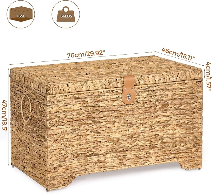 Honjourai Handwoven Storage Basket with Lid, 165L Wicker Storage Trunk | Natural Water Hyacinth Storage Chest, Leather Buckle, Metal Frame, Metal Ring Handles for Easy Transport